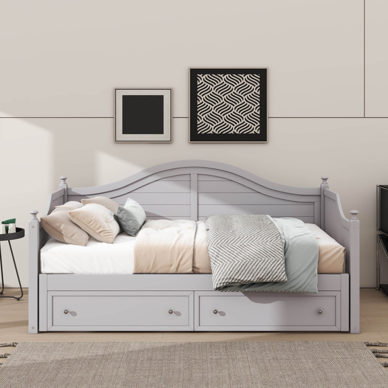 Canapé-lit simple en bois équipé d'un lit gigogne escamotable et de tiroirs de rangement pratiques, Gris