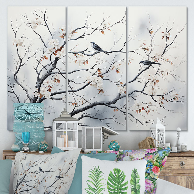 Gris, printemps, oiseaux du printemps I - art mural arbre, Toile tendue, H 32 po x l 48 po