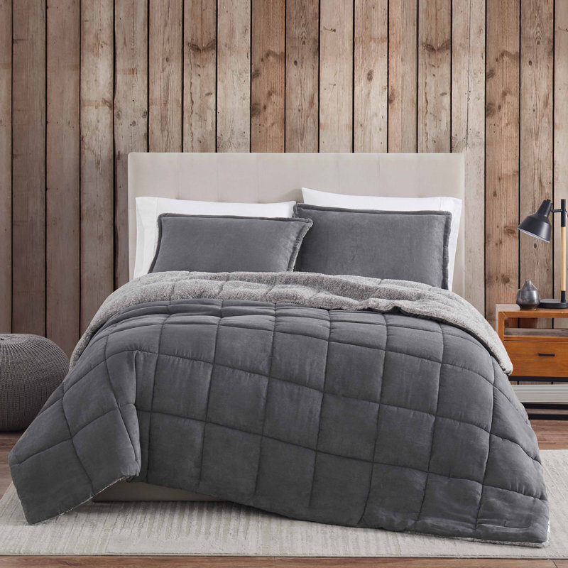 Ensemble d'édredon réversible en microsuède Eddie Bauer, Édredon double/grand et 2 taies décoratives, Gris