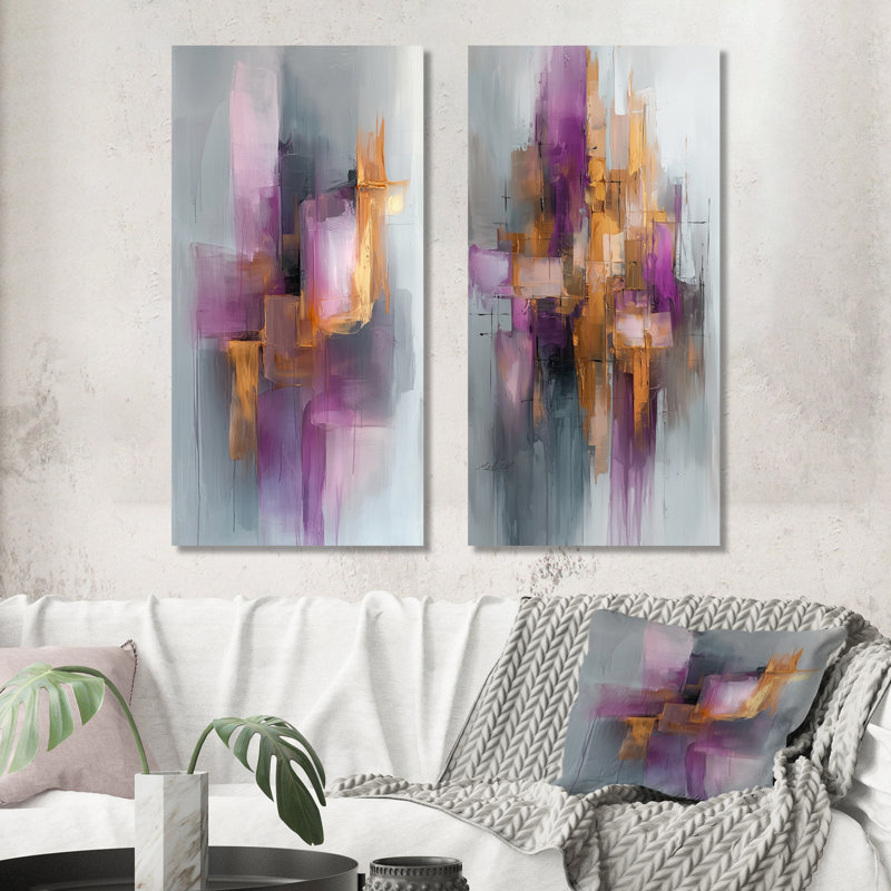 Encre mauve à encre liquide mauve prismatique I - Collection d'art abstrait 2 pièces, H 28 po x l 25 po, Toile tendue