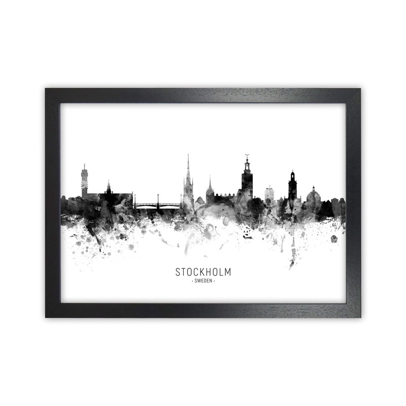 Stockholm Sweden Skyline Black White City Name by Michael Tompsett - Print, 64cm H x 88cm W x 3cm D, Black Framed