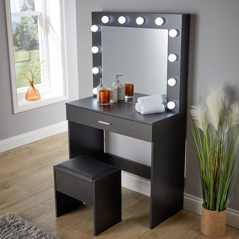 Reniya 1 Drawer Dressing Table Set with LED Mirror, Black
