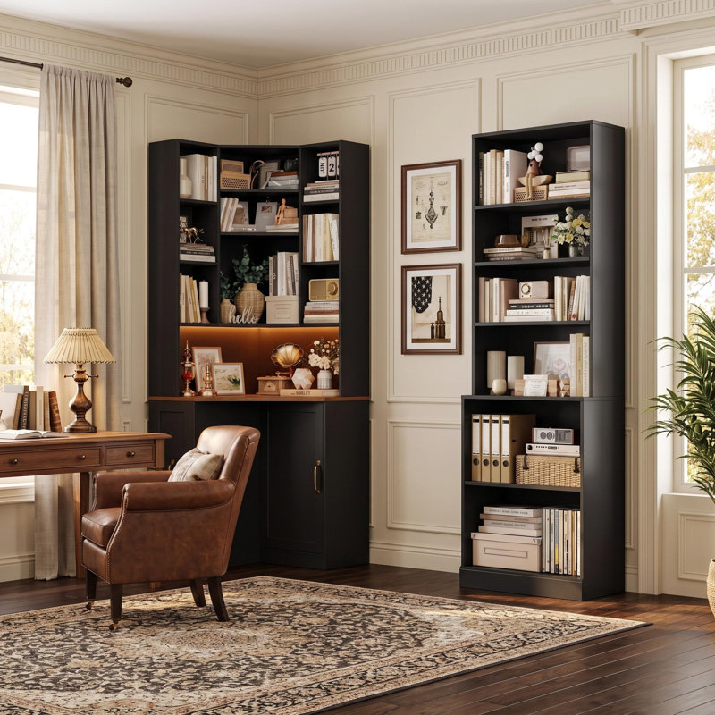 Ensemble d'armoire de bureau 2 pièces, armoire d'angle en forme de L avec éclairage à DEL et station de charge + grande bibliothèque à 6 niveaux, blanc / noir