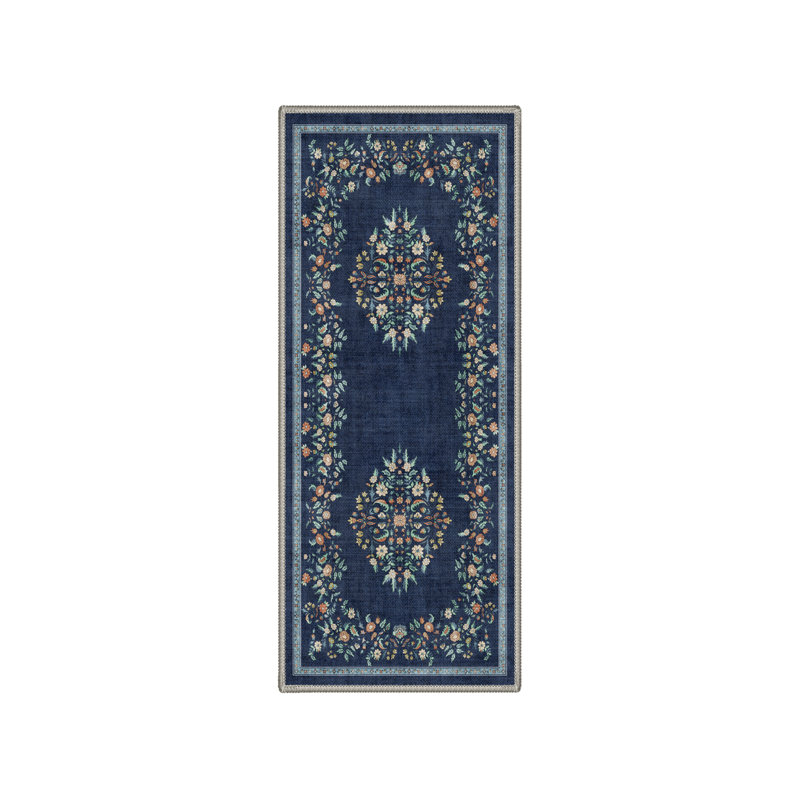 Vintage Navy Blue Floral Area Rug, Non-Slip Backing Machine Washable Distressed Botanical Carpet, Runner 2' x 7'
