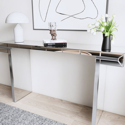 Console rectangulaire de luxe avec miroir, 152 cm (60 pouces), style artistique, finition réfléchissante, assemblage en 2 parties, conception robuste sur toute la longueur, emballage renforcé
