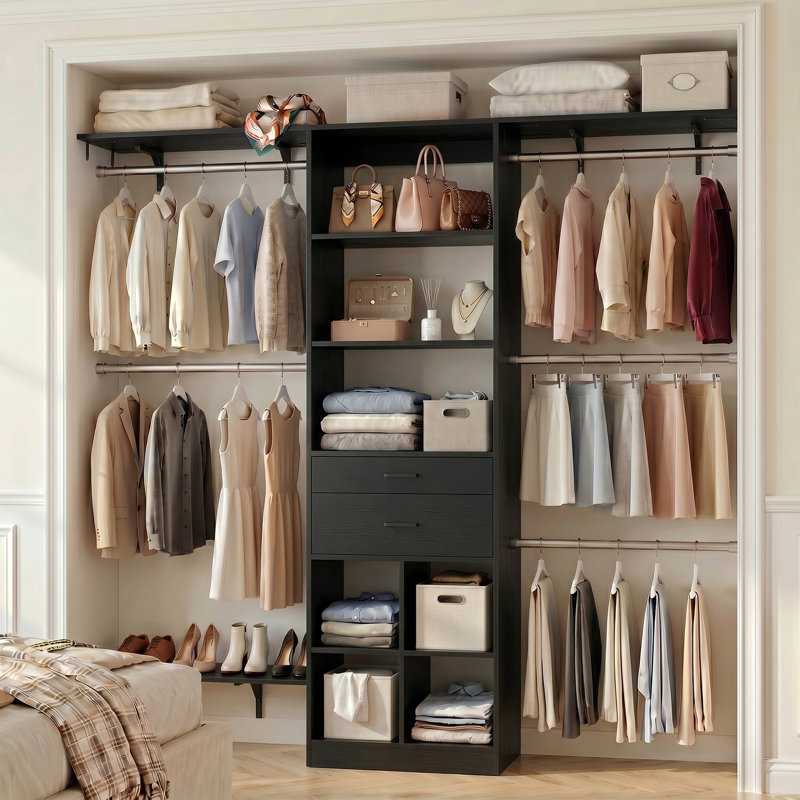22'' - 96'' W Closet System with Wooden Drawers and Hanging Rods(Cut to Fit), Black, 72.8"H x 96"W x 15.8"D