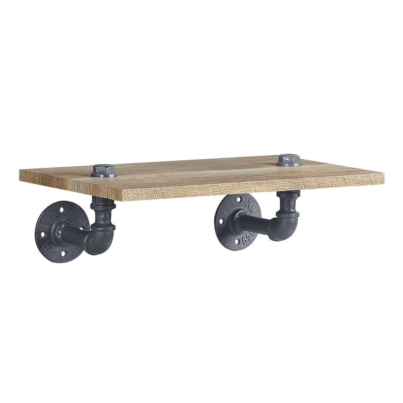 Support mural à un niveau dans la conception de la conduite d'eau, structure et placage en métal, finition chêne et noir sableux, largeur de tablette de 10 lb, niveau de dimension avec aspect, zone de l 18 po
