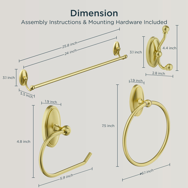 4 - Piece Bathroom Hardware Set, Brushed Gold