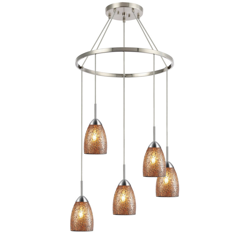 Lustre de roue de wagon à l’ombre 5 lumières Murphy, Ambre mosaïque, Nickel satiné
