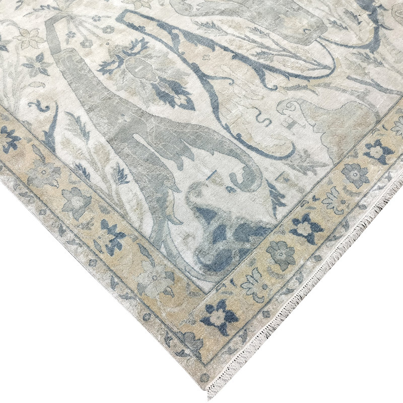 Handmade Silk and Wool Area Rug, White/Beige, Rectangle 8' x 10'