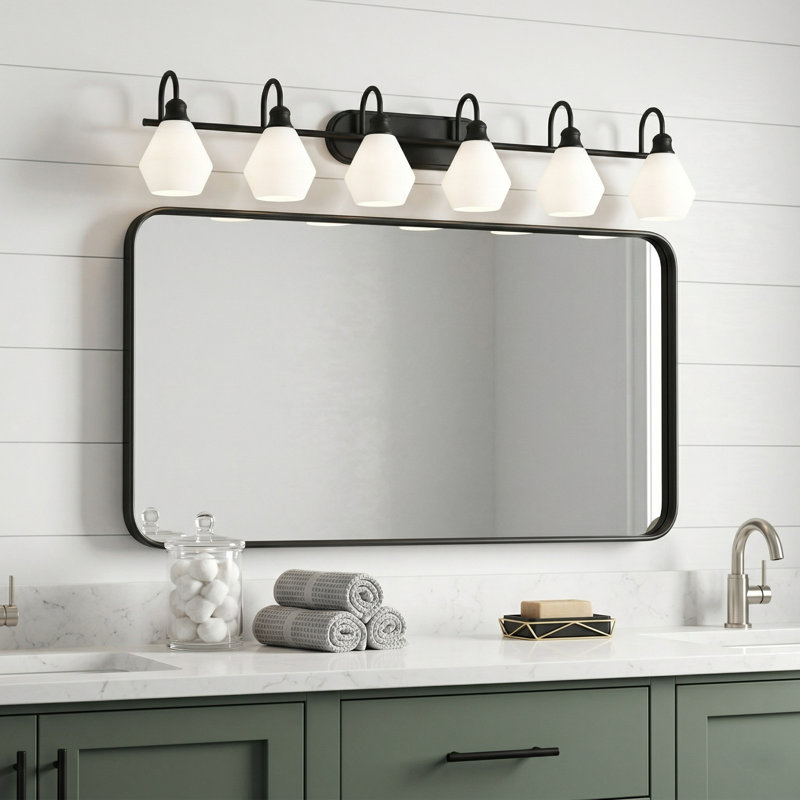 6-Light Dimmable Vanity Light with Geometric Frosted Glass Shades for Bathroom, Black