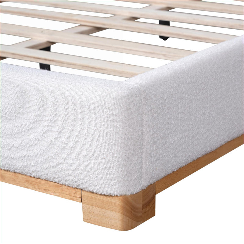 Queen Sized Upholstered Bed Frame, Modern Curved Headboard, Plush Boucle, Solid Wood Base, White Finish