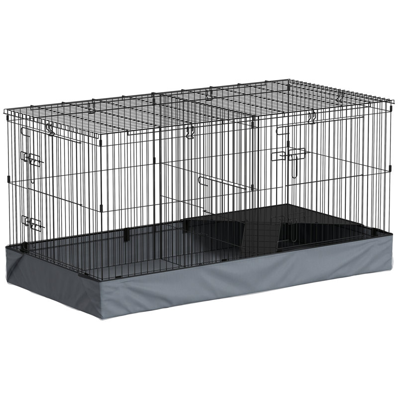  Cage de cochon d'Inde avec plateau amovible, parc pour animaux de compagnie avec 2 espaces séparés, doublure imperméable, rampe, perchoir, pour lapins, hérissons, cochons d'Inde, noir