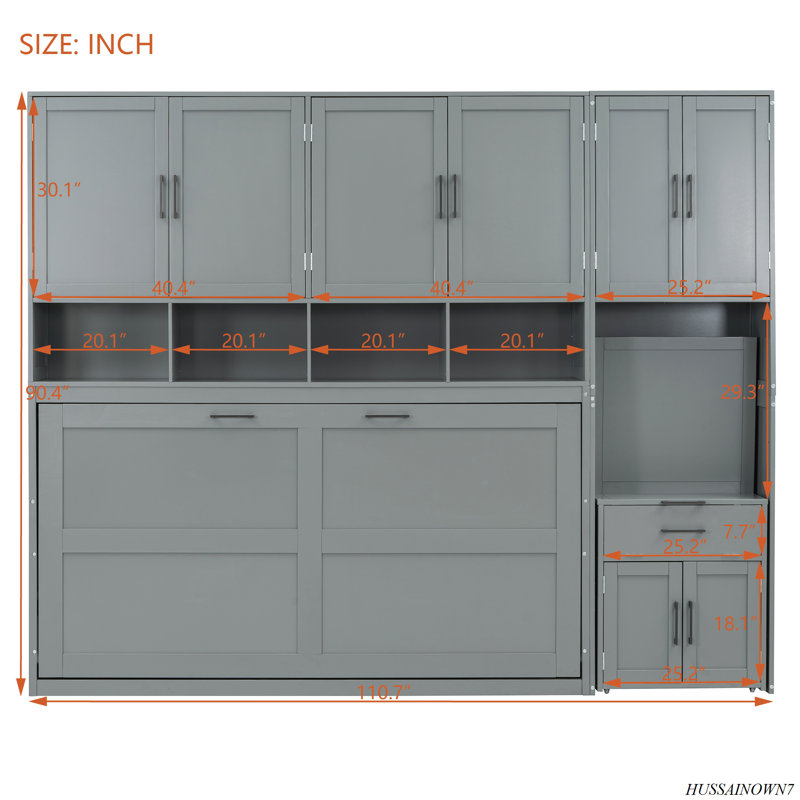 Lit escamotable mural avec placard, tiroirs et bureau Murphy, Gris