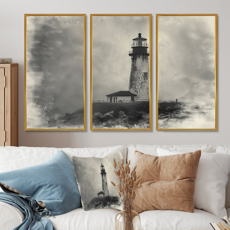 Phare rétro rétro brouillard d'hiver - ensemble de reproductions d'art mural phares, Toile avec cadre flottant or