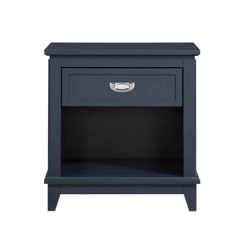 Table de chevet bleu marine, design classique, un tiroir avec glissières à roulement, tablette de rangement pour tablette inférieure et, look pour chambre à coucher, aucun assemblage requis