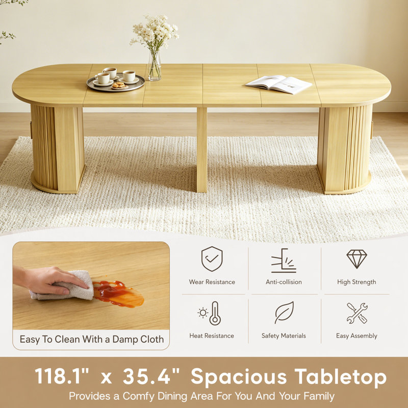 Table de salle à manger ovale extensible de 119 à 300 cm (47 à 118 pouces) pour 6, 8, 10 ou 12 personnes, grande table de cuisine extensible en bois naturel avec piètement cannelé et rangement intégré.