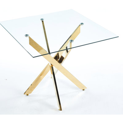 Table de salle à manger carrée avec pieds et verre trempé, 90 x 90 x 75 cm, peu encombrante pour le salon, longueur réglable, finition en métal doré, surface en verre lisse, facile à installer