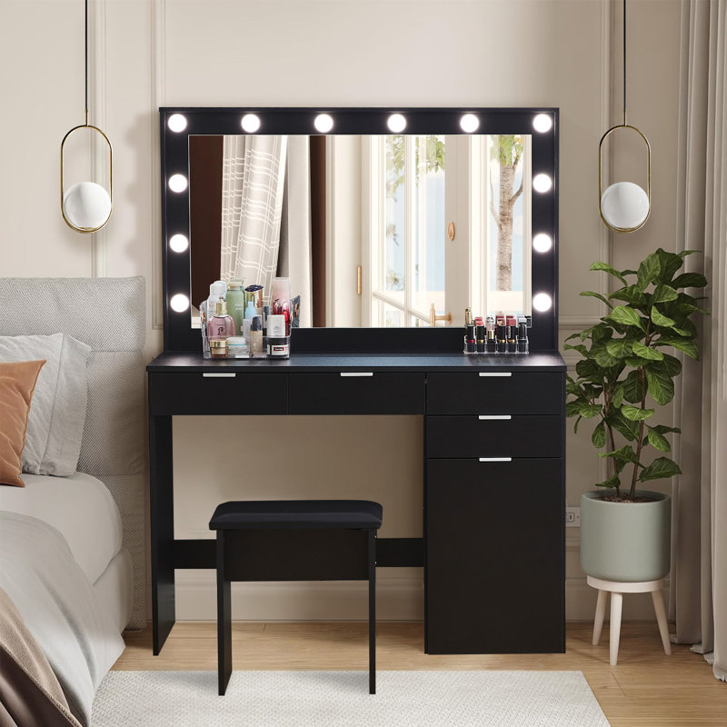 Meinrad Dressing Table with Mirror, Black