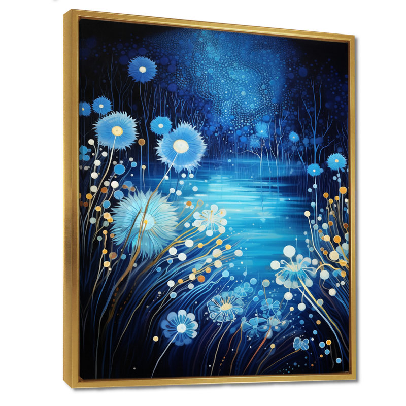 Pissenlit pappus brumeux, rivière bleue la nuit - décoration murale pissenlit, Toile avec cadre flottant or