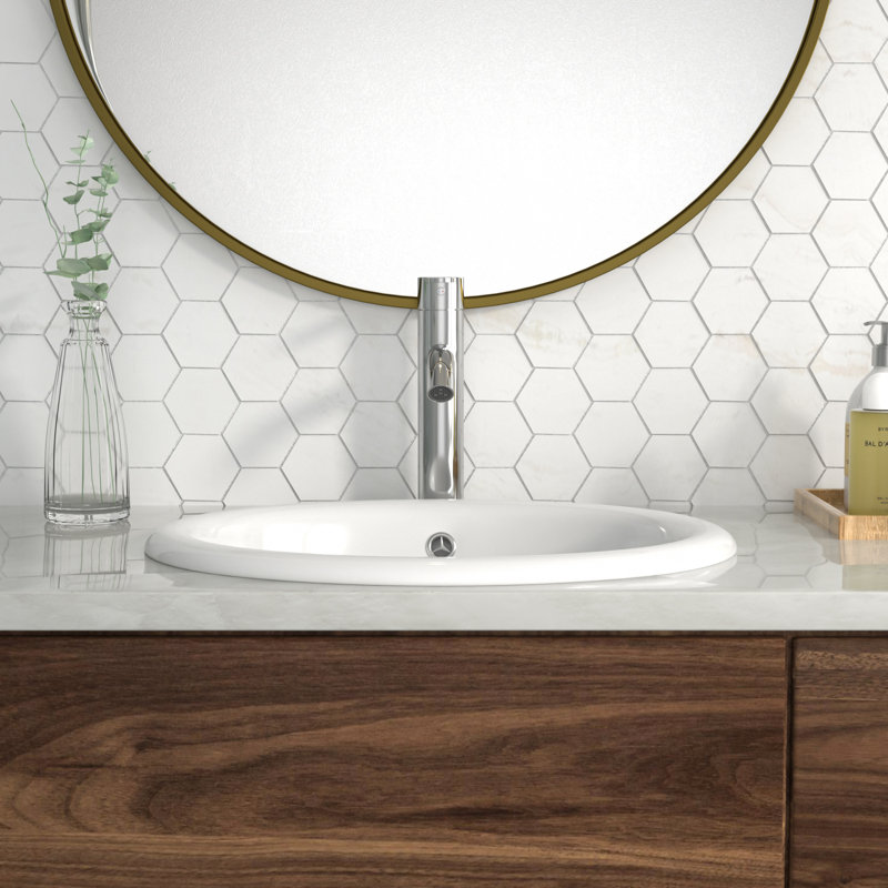 Bathroom Semi-Recessed Vessel Sink Ceramic Above Counter Basin Sink, White, 7.18" H x 17" L x 15.5" W, Oval