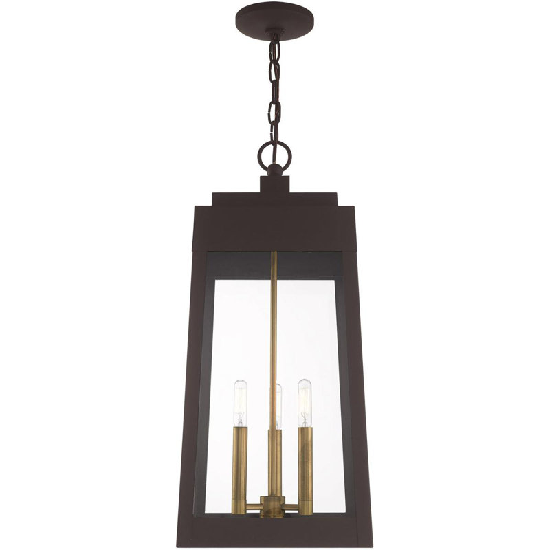 3 Light Outdoor Pendant Lantern with Clear Glass Shade, Black/Bronze, 24.50" H x 10.50" W x 10.50" D