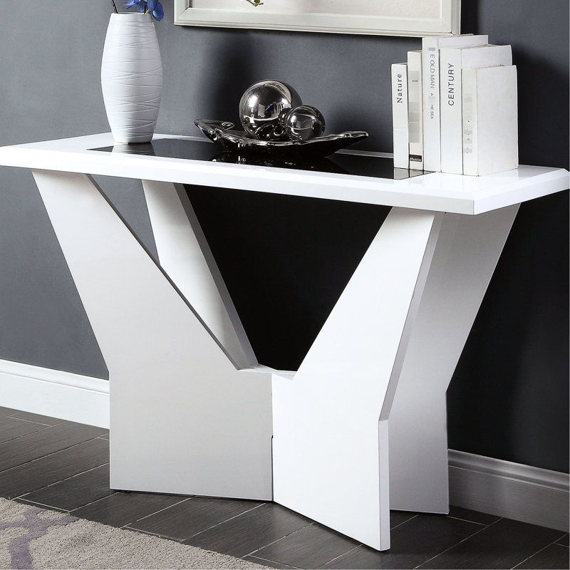 Table contemporaine 1pc avec finition blanche et base géométrique ultrabrillante, insert en verre trempé noir