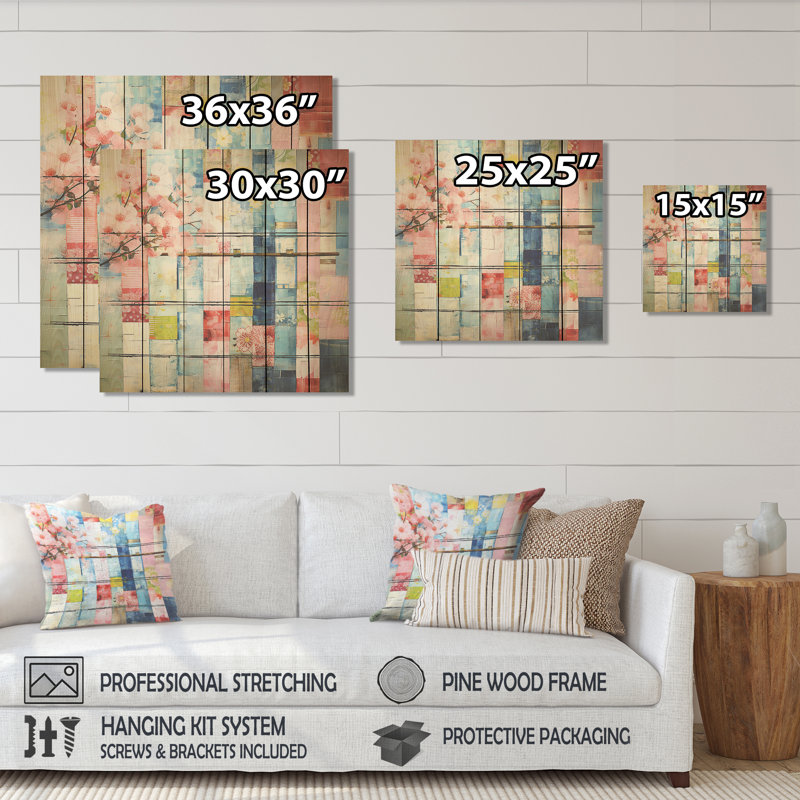 Art floral cubique abstrait bleu et rose - Floral abstrait sur bois, H 36 po x l 36 po