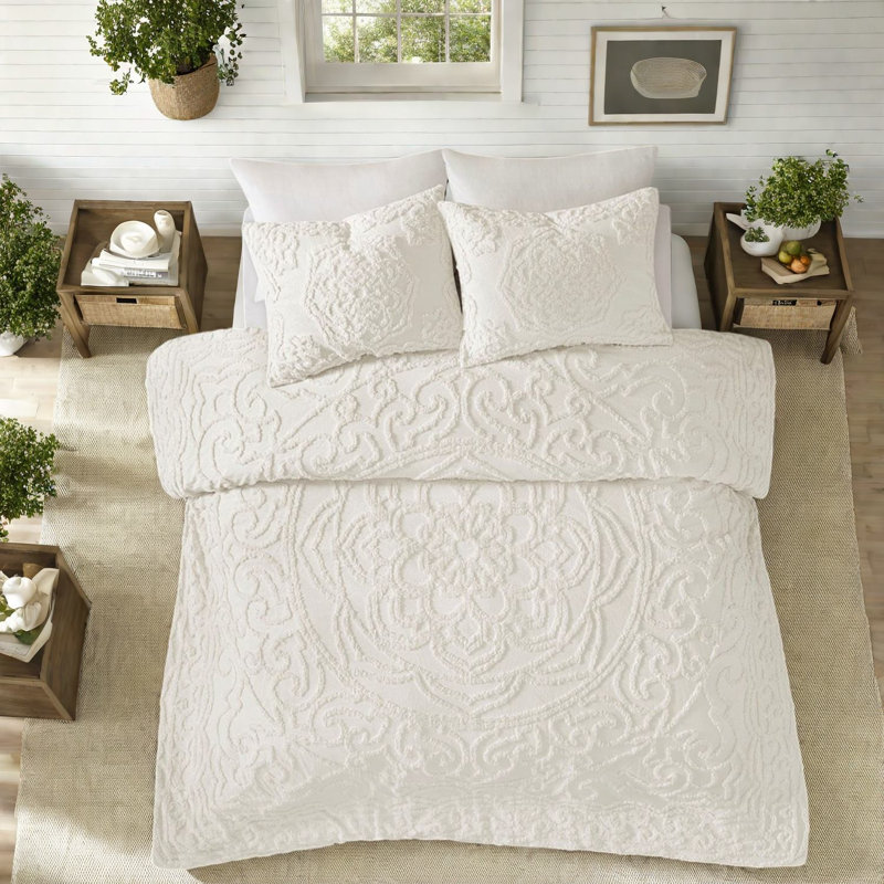 Ensemble de literie pour lit très grand en chenille de coton touffeté, médaillon blanc cassé Boho
