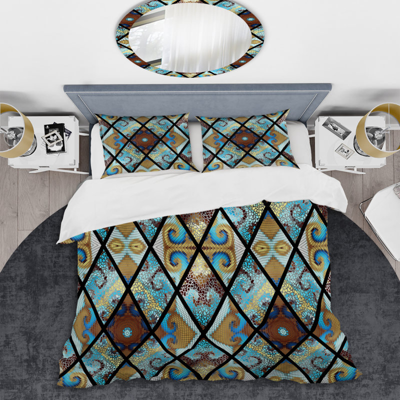 Ensemble de housse de couette bleu mosaïque, Housse de couette simple + 1 taie décorative stan