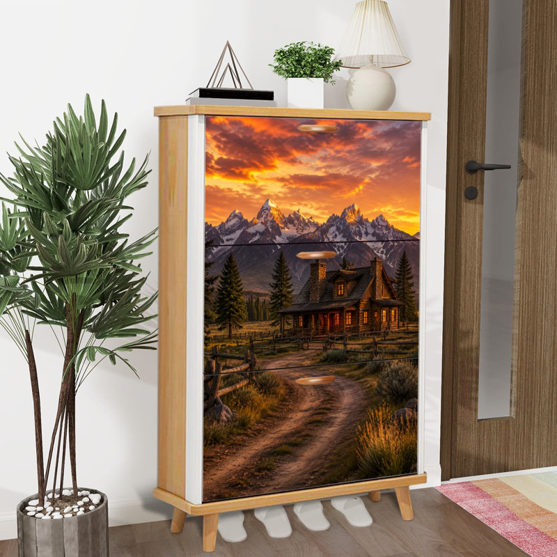Armoire à chaussures avec 3 tiroirs rabattables pour chalet rustique Snowy Mountain Valley Dramatic Sunset