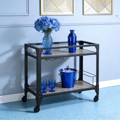 Rustic Oak and Charcoal Finish Serving Cart with Wine Storage and Mobility for Entertaining.