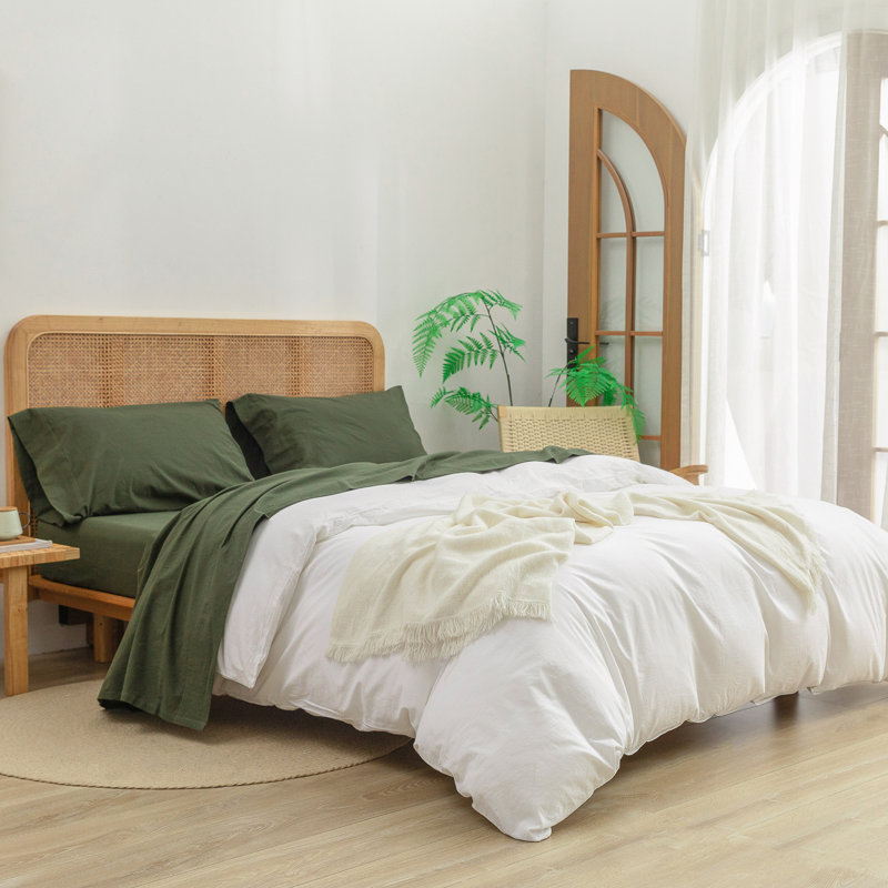 BESTOUCH Sheet Set 100% Washed Cotton Linen Feel Lightweight, King Sheet Set with 2 Pillowcases, Olive Green