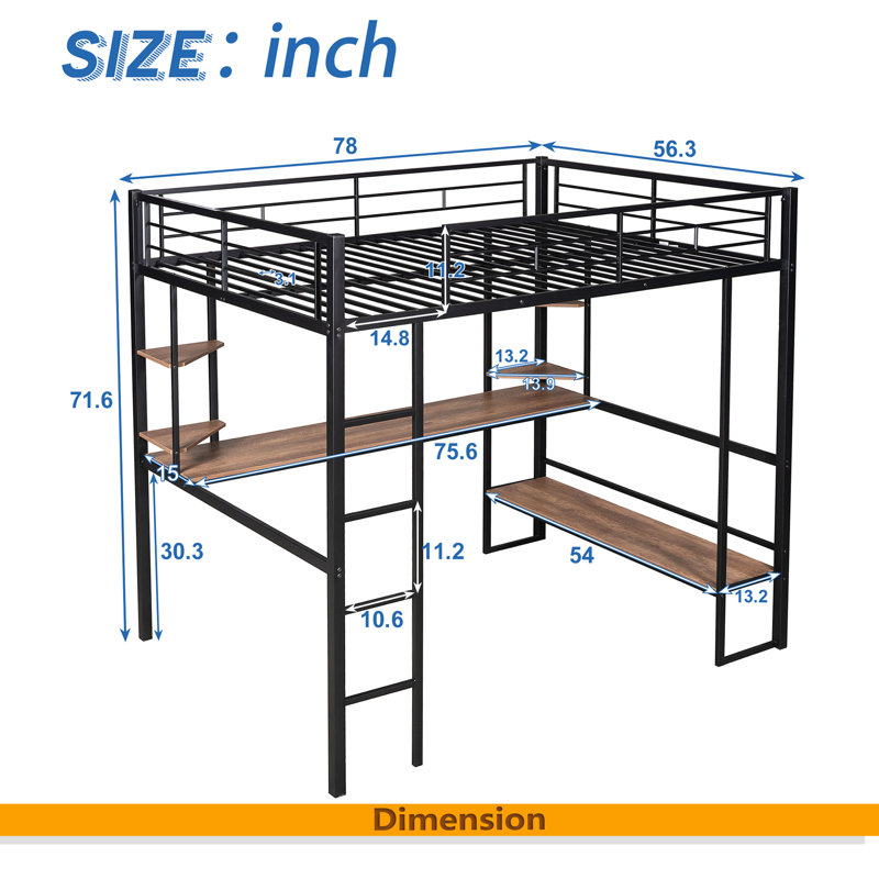 Lit mezzanine double en métal et panneau de fibres à densité moyenne avec long bureau et tablettes