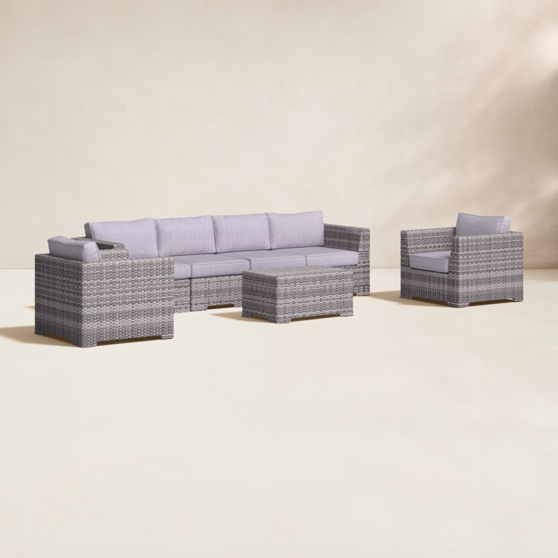 Ensemble de conversation en osier pour 6 personnes avec coussins Caron, Mélange de gris