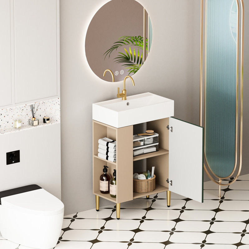 Meuble-lavabo de salle de bain avec lavabo en céramique, armoire de porte, rangement ouvert à gauche de 21,6 po, porte d'armoire pour accessoires 24Vb06-21Lvl, pour une idée chic