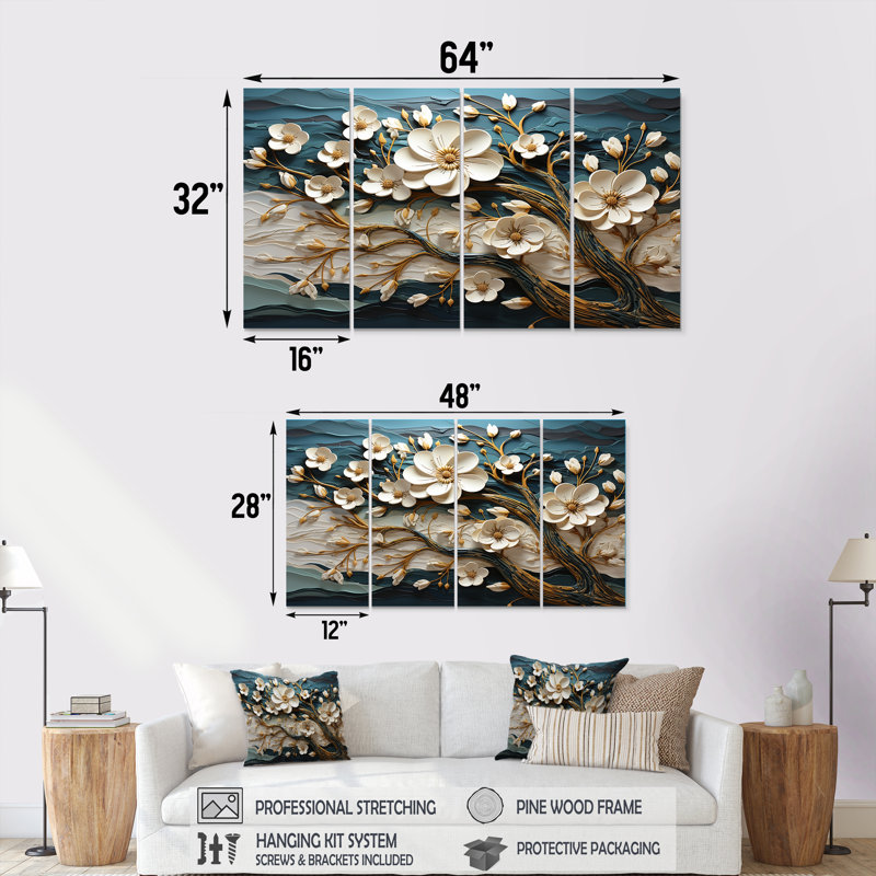 Ensemble de 4 pièces d'art mural blanc et doré, H 28 po x l 48 po