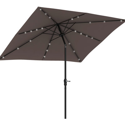 Parasol solaire brun clair de 9 pi x 7 pi avec lumières à DEL et inclinaison à manivelle, pour les espaces de vie extérieurs - patio, jardin, terrasse, cour, piscine, parasol de patio, inclinaison et manivelle, ombrage
