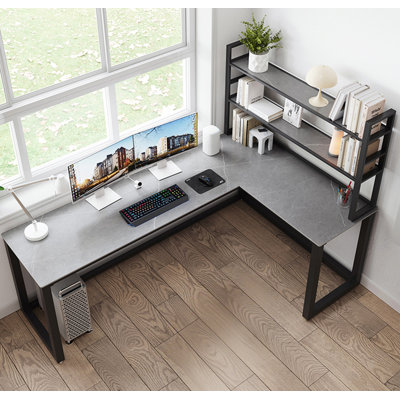 Bureau de table en L en pierre frittée avec tablette