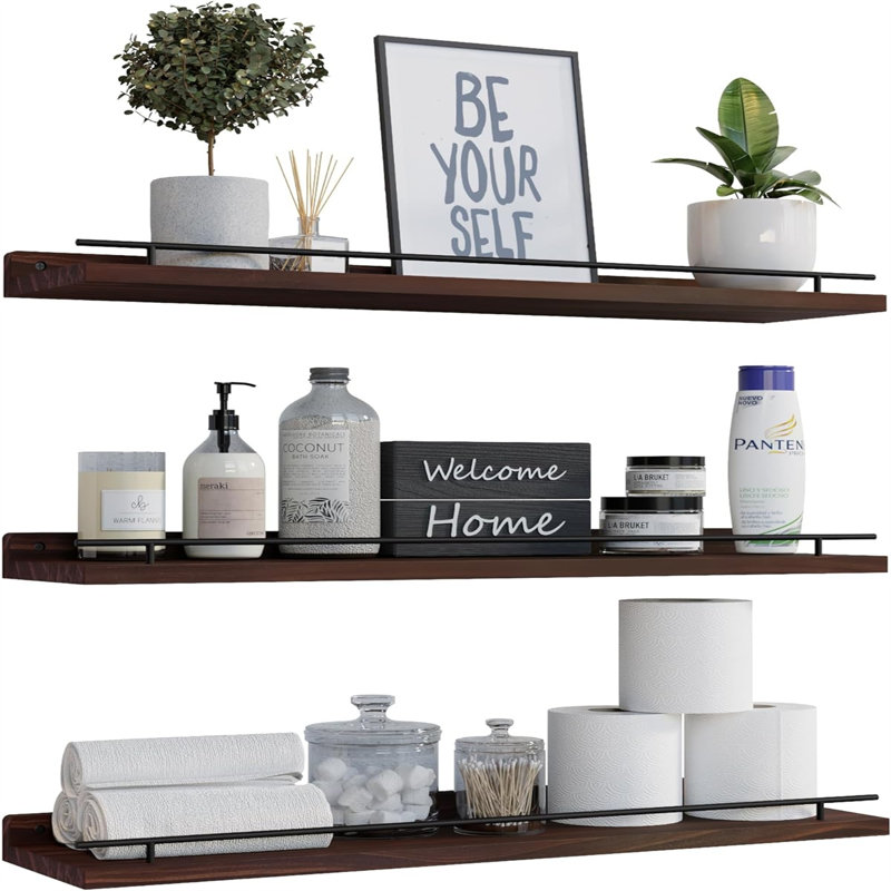 Breniya 3 Piece Solid Wood Floating Shelf, Black, 0.6" H x 23.6" W x 6" D