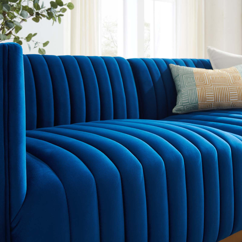 Conjure Channel Tufted Loveseat, Navy Blue Velvet, Gold