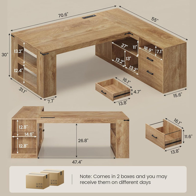Bureau de direction de 71 po, bureau d'ordinateur en L avec prises de courant et classeur latéral, bureau d'angle moderne avec tablettes de rangement, poste de travail de mobilier professionnel, chêne