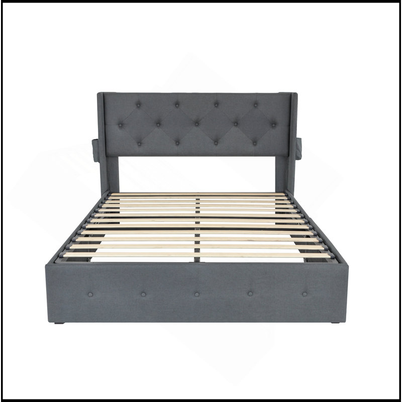 Structure de lit grand avec rangement et tête de lit moderne à oreilles, ports USB et rangement relevable