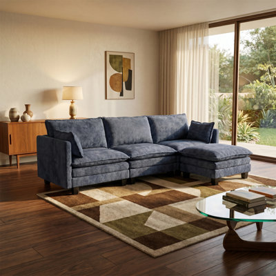 Canapé 3 places avec repose-pieds autonome, revêtu de tissu chenille doux, avec ports USB intégrés et poches de rangement latérales, canapé modulaire, style scandinave moderne, bleu gris