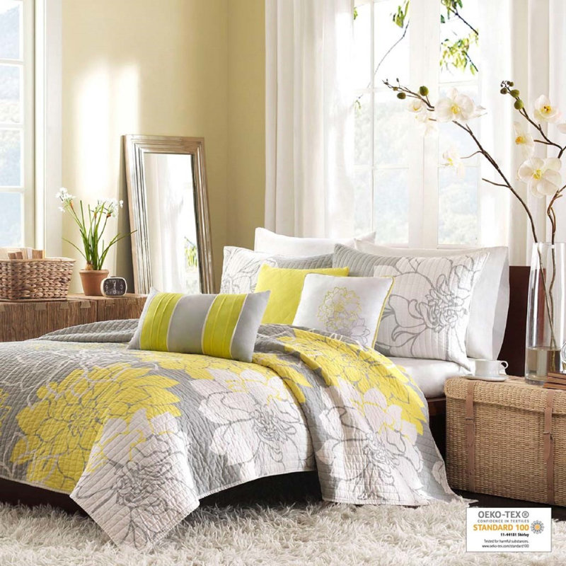 Ensemble de courtepointe en coton imprimé 6 pièces avec coussins décoratifs gris / jaune très grand, Jaune/gris