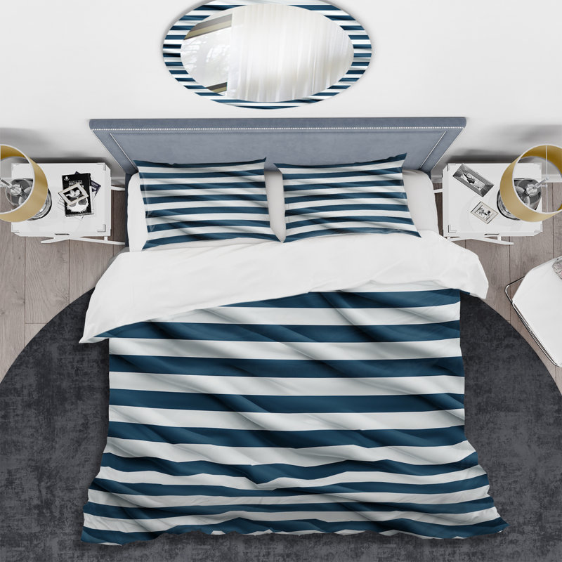 Motif côtier à rayures bleues nautiques - Ensemble de housse de couette à rayures - Polyester en microfibre