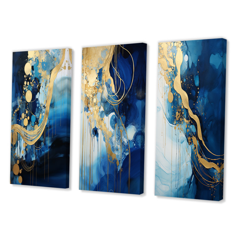 Golden Oceanic Wave Harmony I - ensemble de 3 impressions, Toile tendue, H 40 po x l 60 po