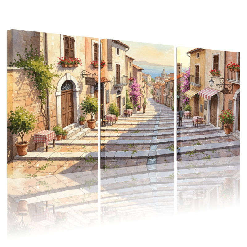 Scénario et paysages urbains ensoleillés, rue méditerranéenne avec fleurs et balcons, ensemble de 3 impressions sur toile
