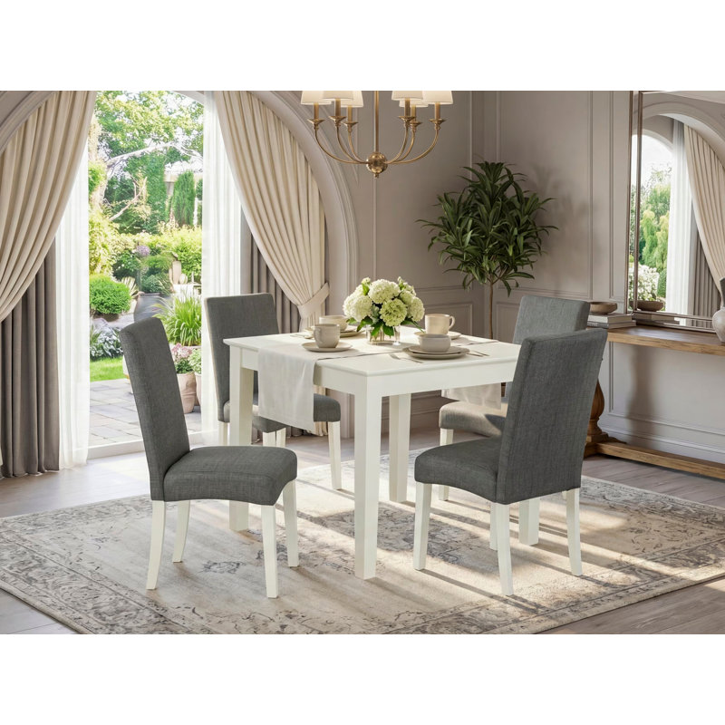 Ensemble de table de salle à manger moderne 5 pièces comprenant une table carrée en bois et 4 chaises rembourrées en tissu de lin gris, lin blanc