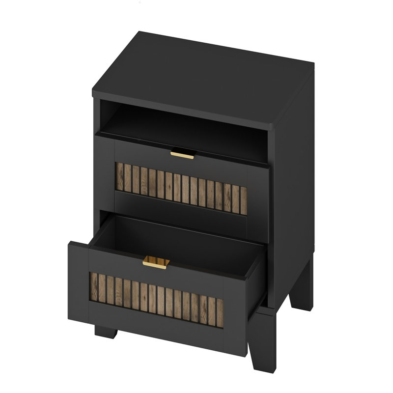 2-Drawer Farmhouse Wooden Nightstand With Wooden Strip Decoration And Metal Handle, Wood Side Table With Storage Cabinet For Bedroom